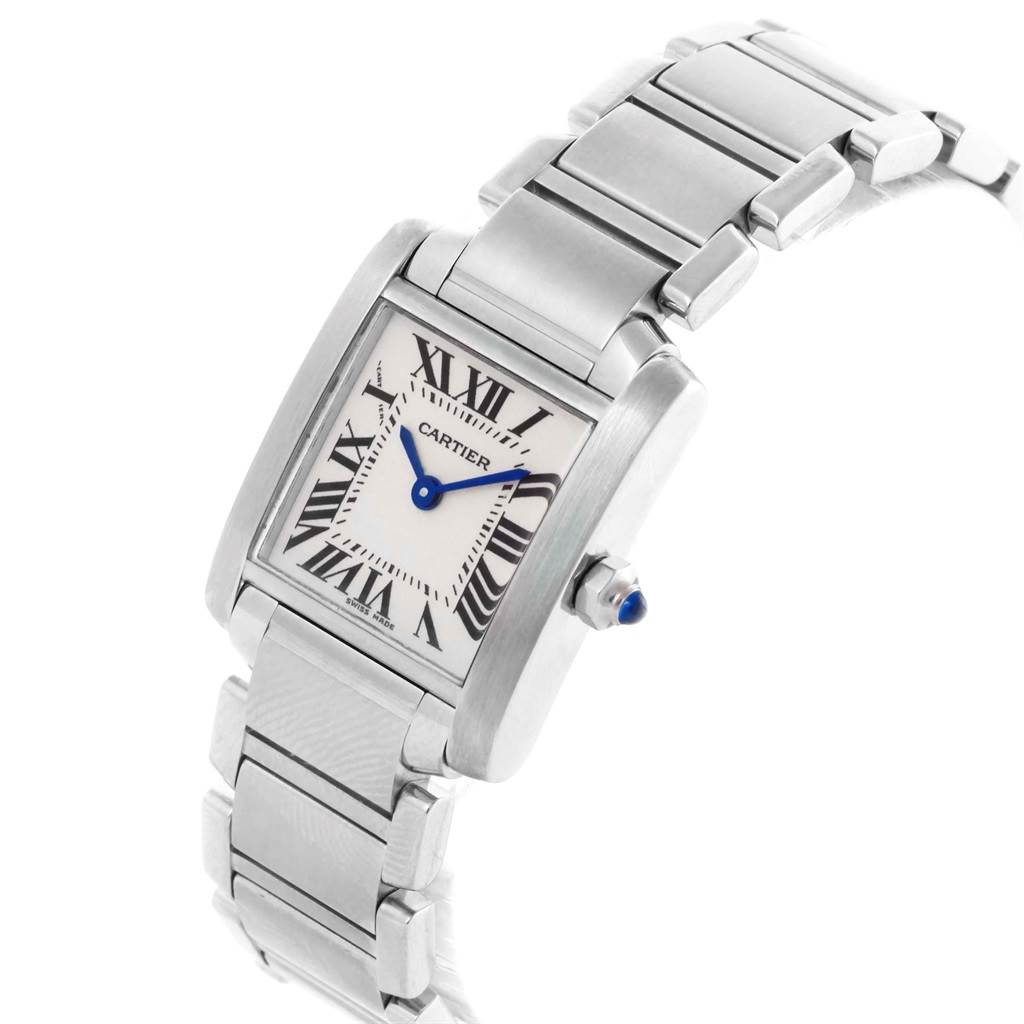 This image features the Cartier Tank Francaise W51008Q3 Women's Stainless Steel Silver Dial W51008Q3 Women's Stainless Steel Silver Dial watch angled to display the face, case, and a portion of the metal strap.