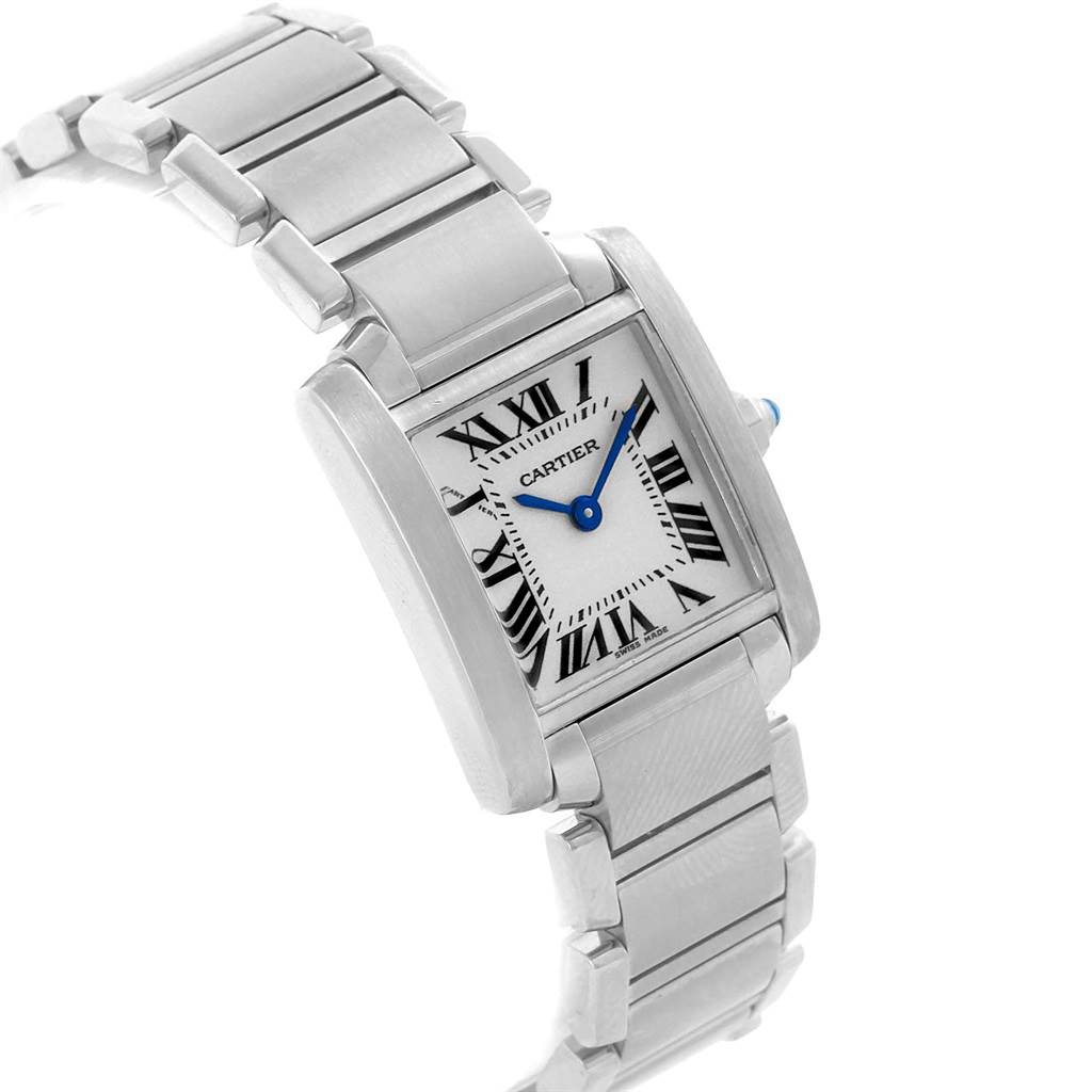 This image shows a side and angled view of a Cartier Tank Francaise W51008Q3 Women's Stainless Steel Silver Dial W51008Q3 Women's Stainless Steel Silver Dial watch, highlighting its face, bezel, and bracelet.