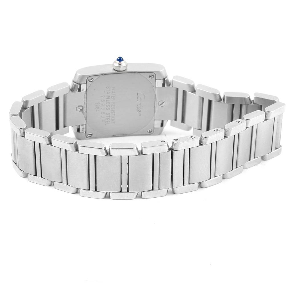 The image shows the back and bracelet of a Tank Francaise watch by Cartier.