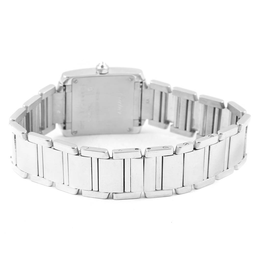 The image shows the backside and bracelet of a Cartier Tank Francaise WE1002S3 Women's White Gold Silver Dial WE1002S3 Women's White Gold Silver Dial watch from a rear angle.