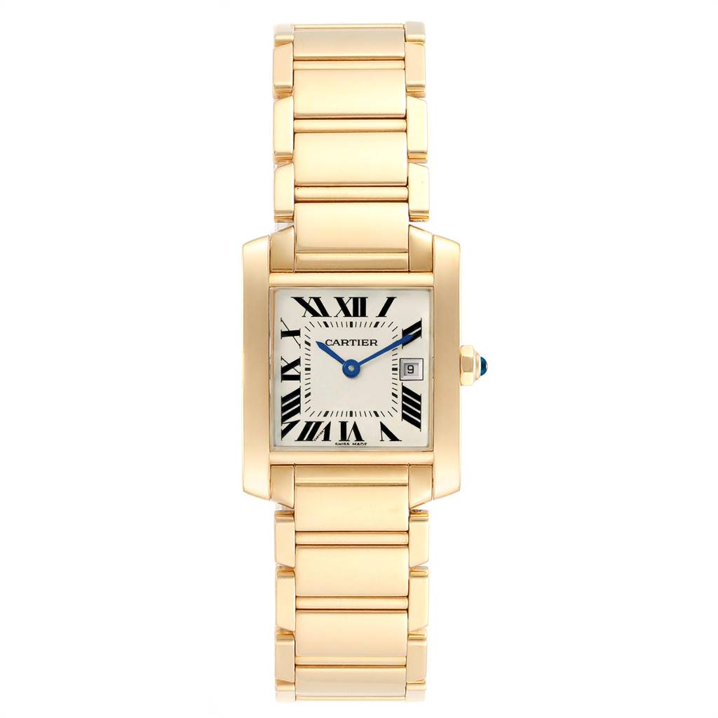 The image shows a frontal view of the Cartier Tank Francaise W50014N2 Women's Yellow Gold Silver Dial W50014N2 Women's Yellow Gold Silver Dial watch, highlighting its bracelet, rectangular case, and dial.
