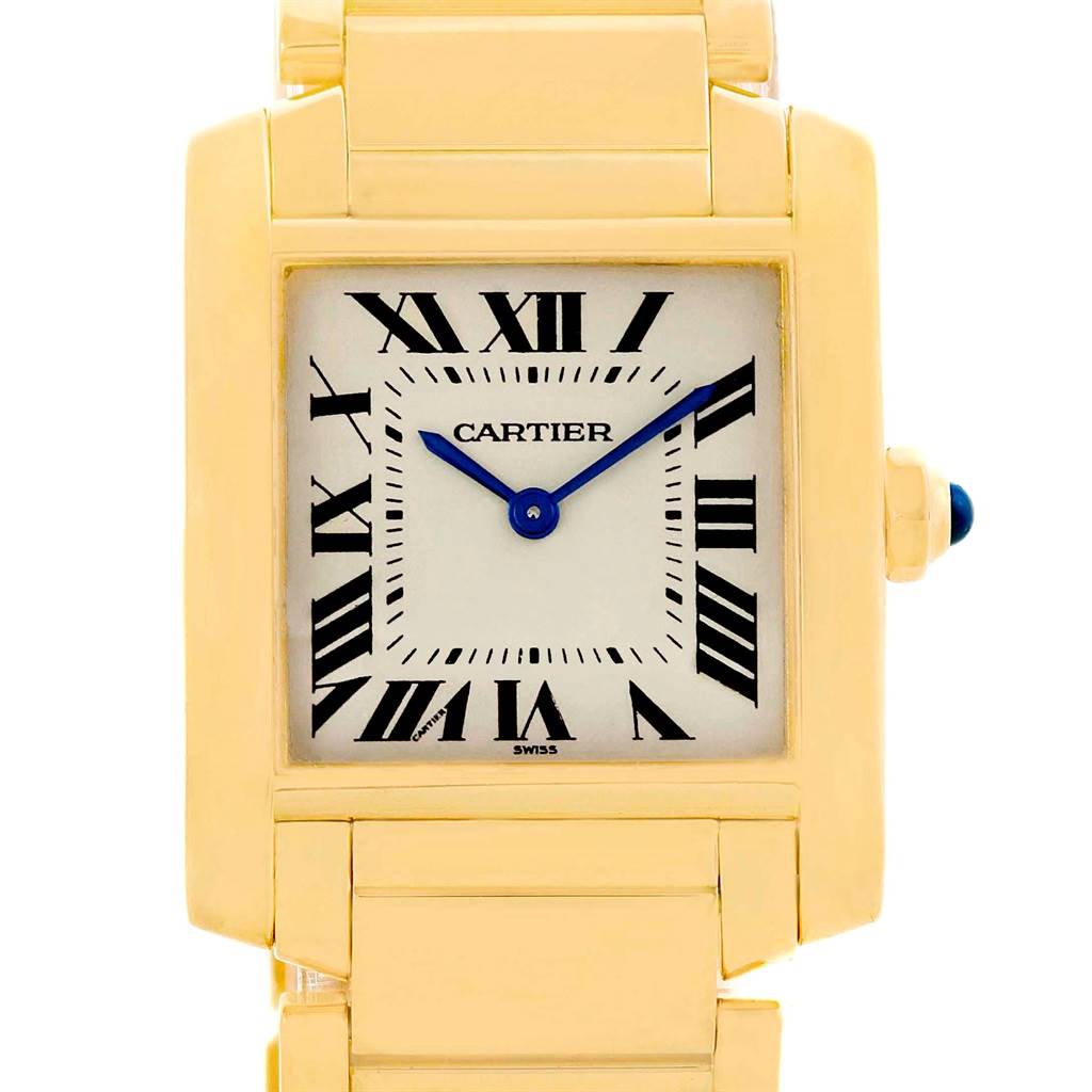 This image shows a frontal view of the Cartier Tank Française watch, highlighting its face, dial, and part of the gold bracelet.