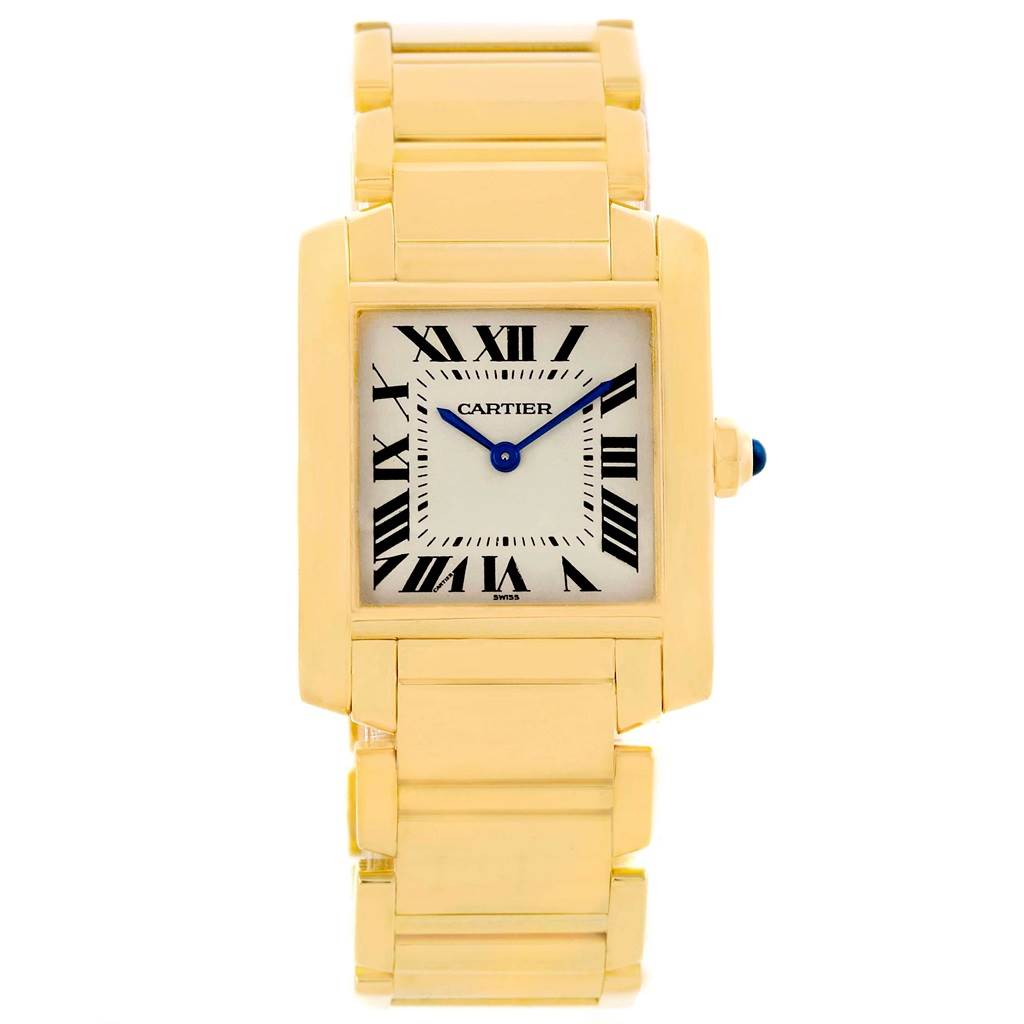 The image shows a front view of the Cartier Tank Française watch, highlighting its gold bracelet and rectangular dial with Roman numerals.