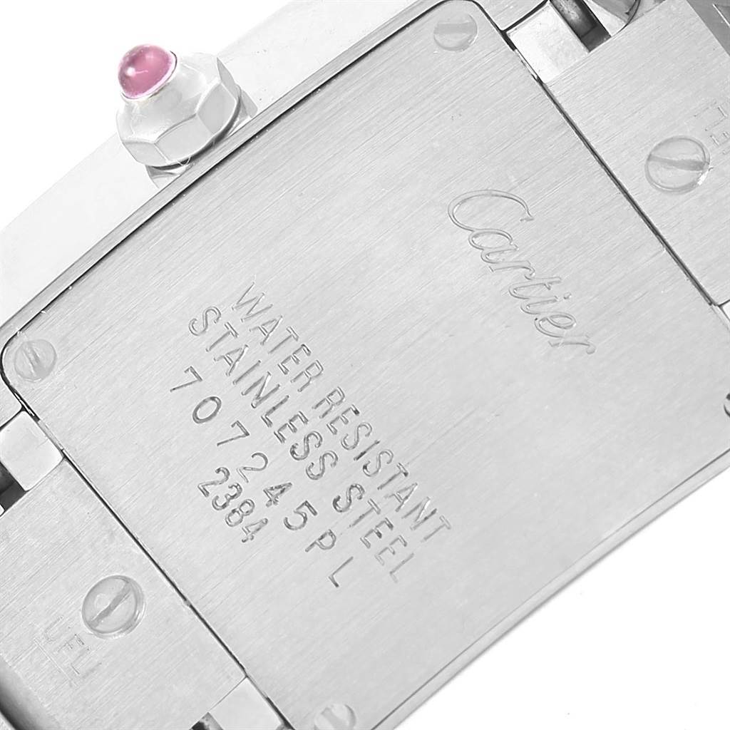 The image shows the back case of the Cartier Tank Francaise W51028Q3 Women's Stainless Steel Mother of Pearl Dial W51028Q3 Women's Stainless Steel Mother of Pearl Dial watch, highlighting its water resistance and stainless steel details.