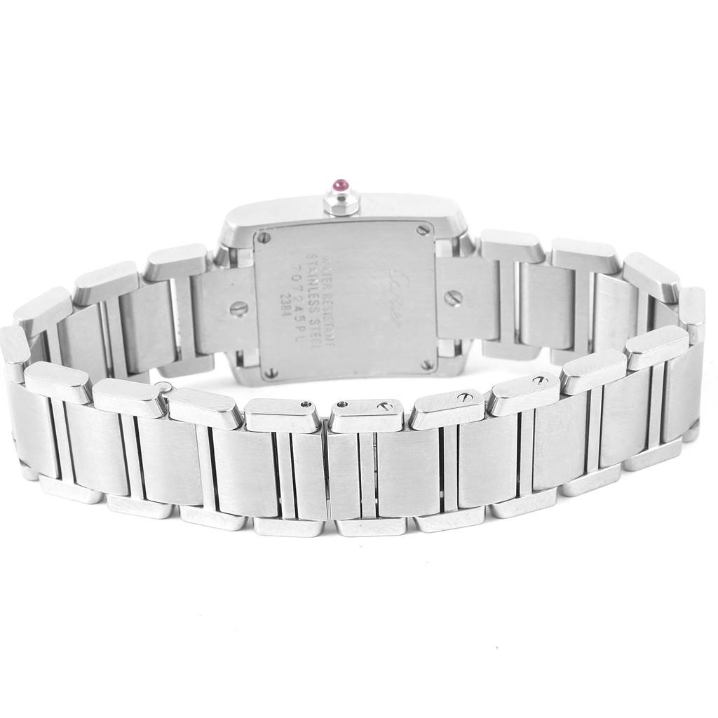 The image shows the back view of a Cartier Tank Francaise W51028Q3 Women's Stainless Steel Mother of Pearl Dial W51028Q3 Women's Stainless Steel Mother of Pearl Dial watch, highlighting its stainless steel bracelet and case back.