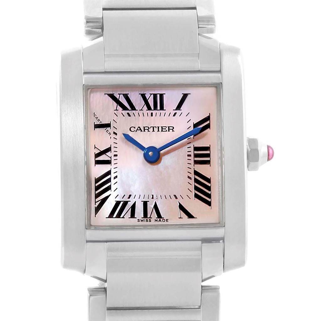 This image shows a front view of the Cartier Tank Française watch, highlighting the dial, hands, and part of the bracelet.