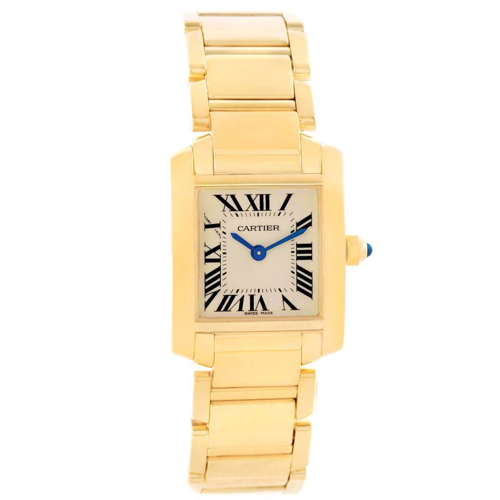 This image shows a front view of a Cartier Tank Francaise W50002N2 Women's Yellow Gold Silver Dial W50002N2 Women's Yellow Gold Silver Dial watch, highlighting its rectangular face, gold bracelet, and Roman numeral dial.