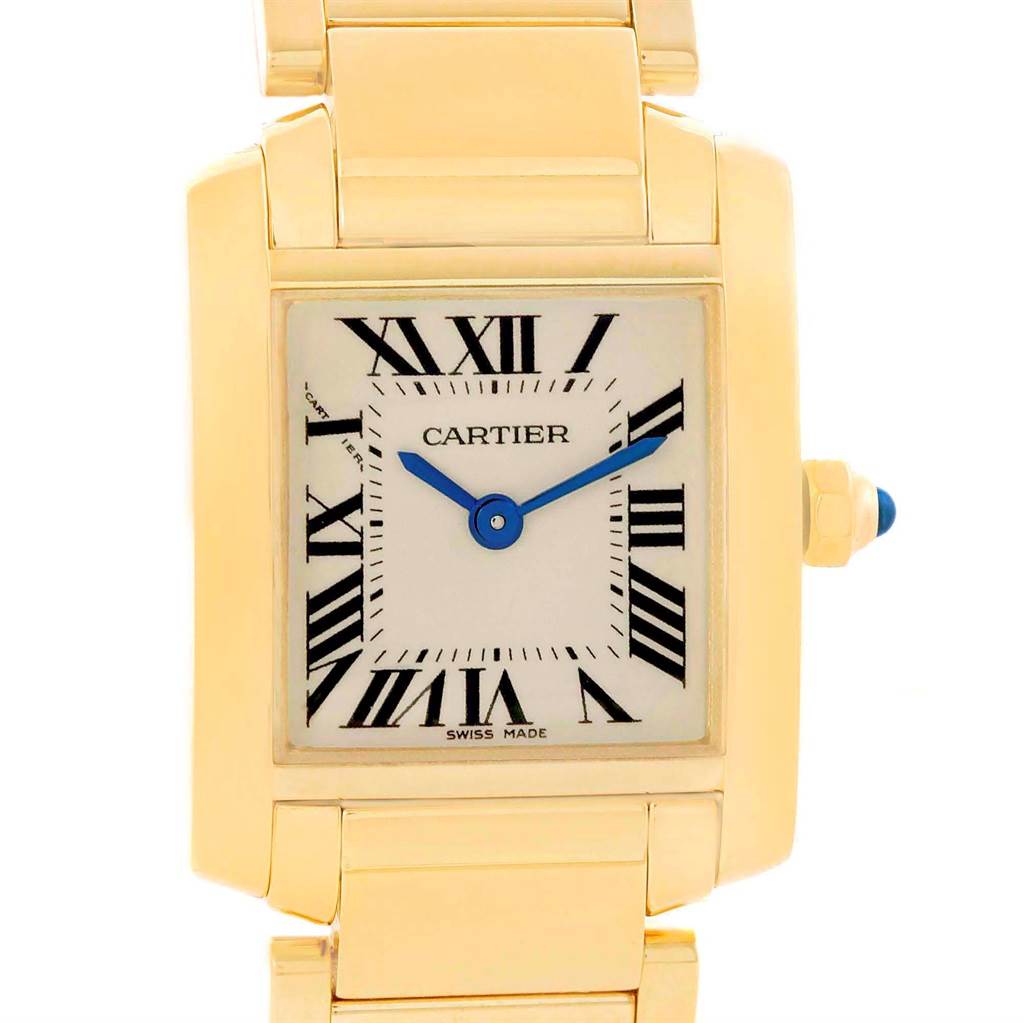 This is a front-facing view of a Cartier Tank Francaise W50002N2 Women's Yellow Gold Silver Dial W50002N2 Women's Yellow Gold Silver Dial watch, highlighting its rectangular face, Roman numerals, and gold bracelet.