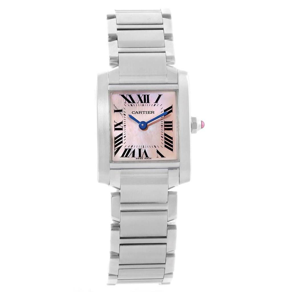 The Cartier Tank Francaise W51028Q3 Women's Stainless Steel Mother of Pearl Dial W51028Q3 Women's Stainless Steel Mother of Pearl Dial watch is shown at a direct front angle, displaying its face, hands, and metal bracelet.