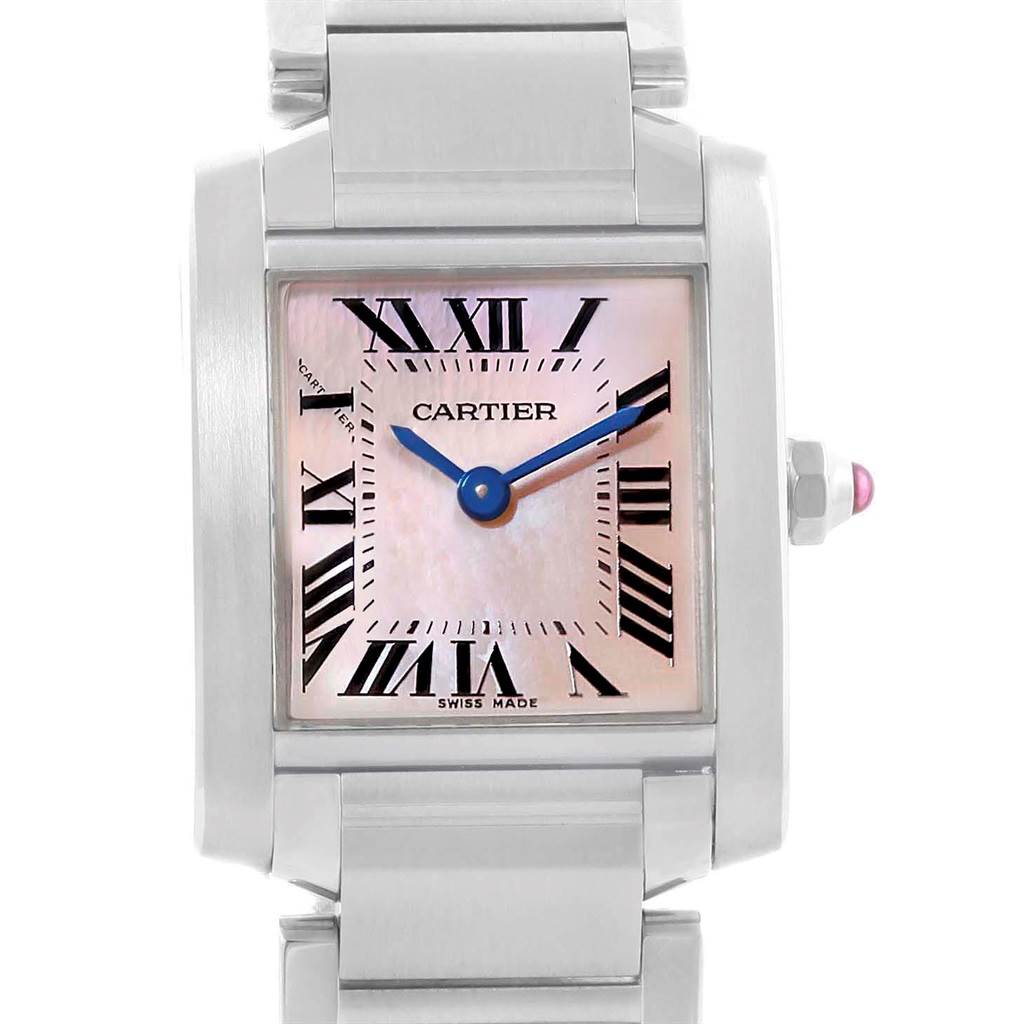 The image shows a close-up frontal view of the Cartier Tank Française watch, featuring its dial and part of the bracelet.
