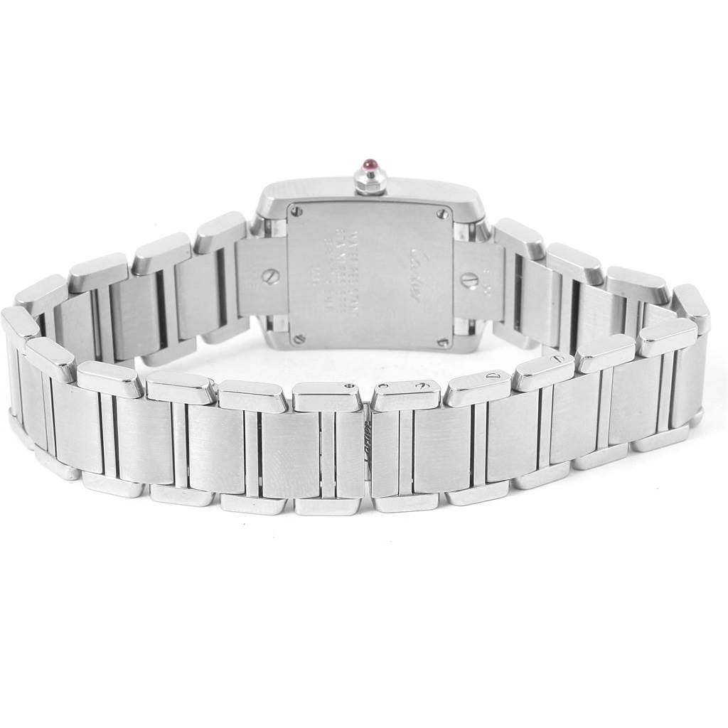 The image shows the back view of a Cartier Tank Francaise W51028Q3 Women's Stainless Steel Mother of Pearl Dial W51028Q3 Women's Stainless Steel Mother of Pearl Dial watch, including the case back and stainless steel bracelet.