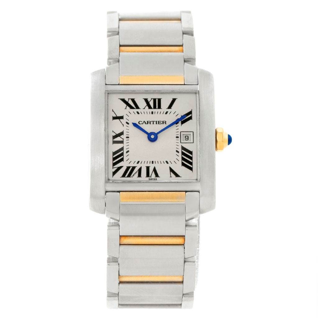 The image displays a Cartier Tank Française watch from a top-down angle, showcasing its rectangular face, bracelet, and blue sapphire crown.