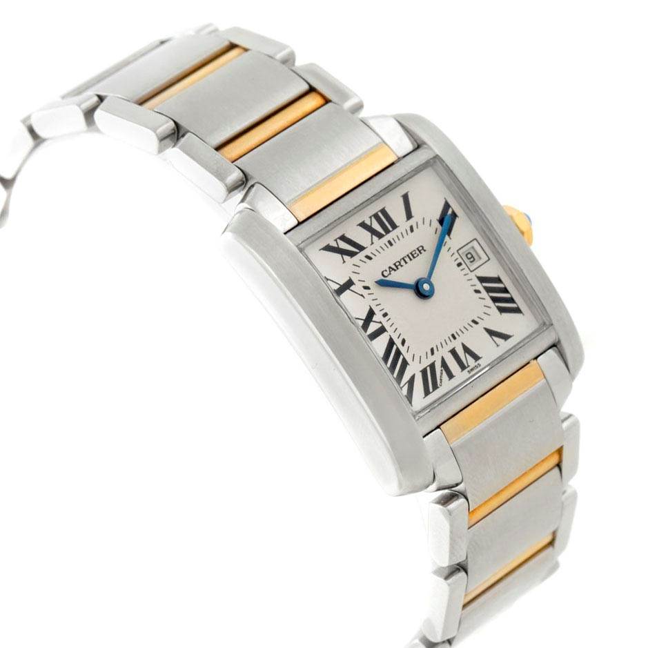 The image shows the face and partial bracelet of the Cartier Tank Francaise W51012Q4 Women's Steel and Gold (two tone) Silver Dial W51012Q4 Women's Steel and Gold (two tone) Silver Dial watch from a side angle.