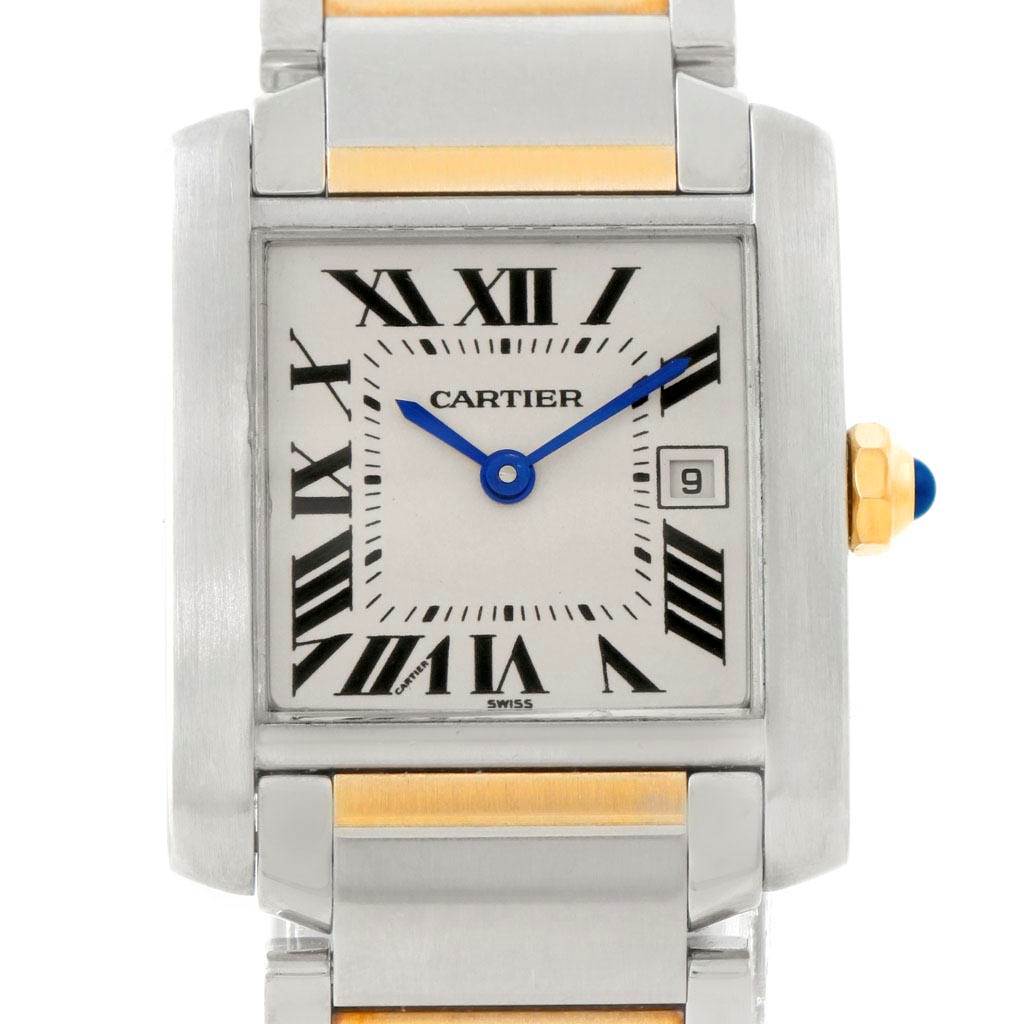 The image shows a close-up of the dial and a portion of the bracelet of the Cartier Tank Francaise W51012Q4 Women's Steel and Gold (two tone) Silver Dial W51012Q4 Women's Steel and Gold (two tone) Silver Dial watch.