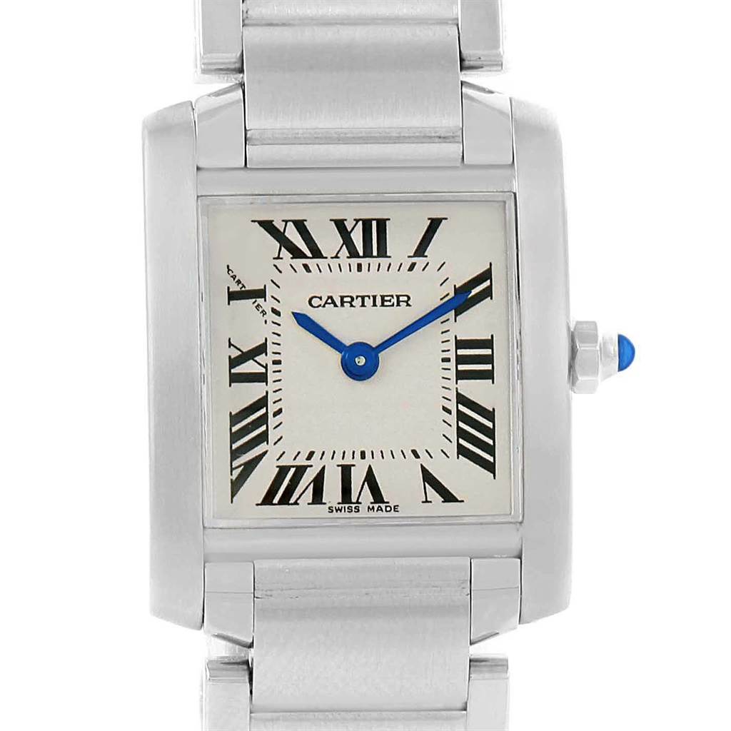 The image shows a front view of the Cartier Tank Francaise W51008Q3 Women's Stainless Steel Silver Dial W51008Q3 Women's Stainless Steel Silver Dial watch, displaying the face, Roman numerals, and metal bracelet.