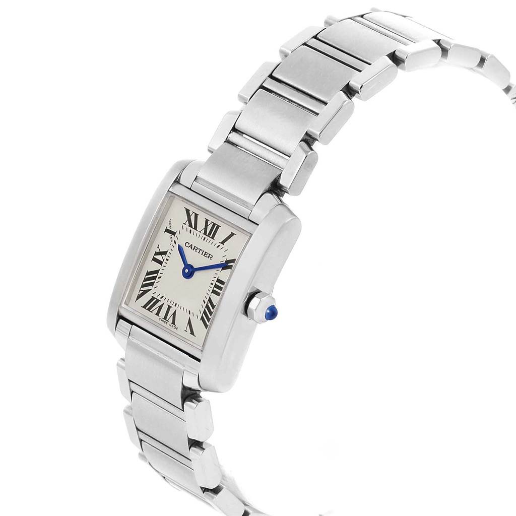This image shows a Cartier Tank Francaise W51008Q3 Women's Stainless Steel Silver Dial W51008Q3 Women's Stainless Steel Silver Dial watch from a side angle, displaying the face, bracelet, and crown of the watch.