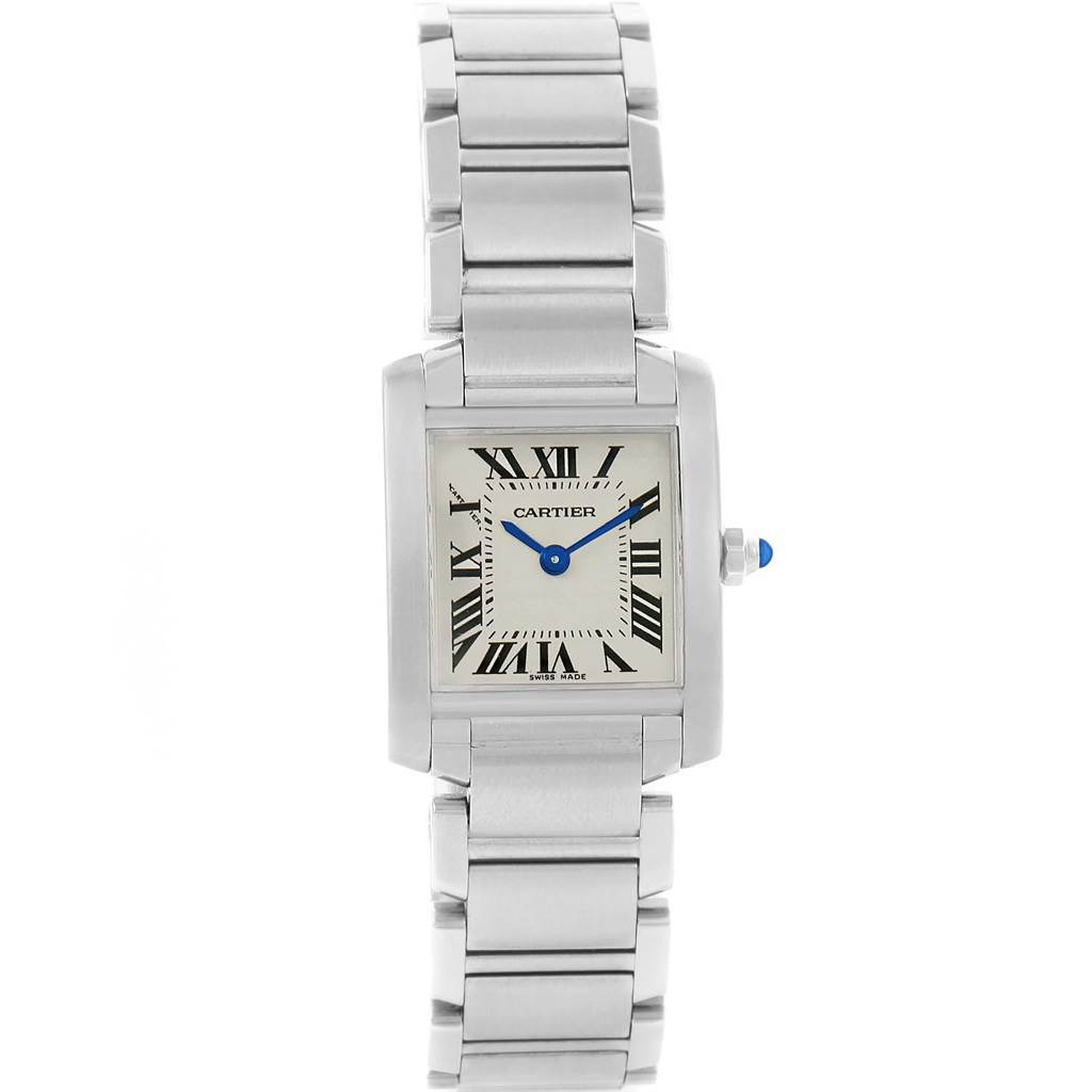 The image shows a frontal view of a Cartier Tank Française watch, displaying its face, bracelet, and crown.