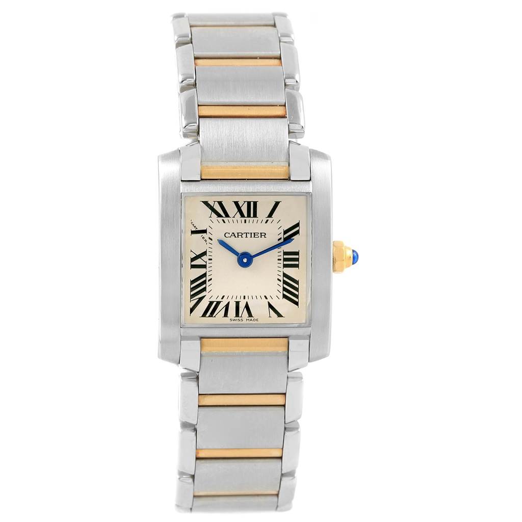 The image shows a frontal view of a Cartier Tank Francaise W51007Q4 Women's Steel and Gold (two tone) Silver Dial W51007Q4 Women's Steel and Gold (two tone) Silver Dial watch, displaying its rectangular dial and two-tone bracelet.