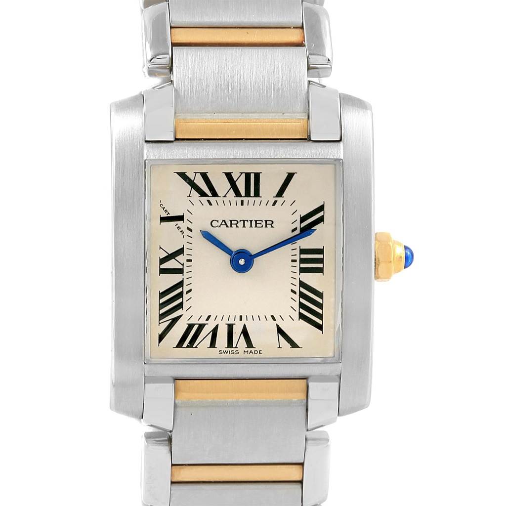 The image shows a front view of the Cartier Tank Francaise W51007Q4 Women's Steel and Gold (two tone) Silver Dial W51007Q4 Women's Steel and Gold (two tone) Silver Dial watch, highlighting its face, dial, bracelet, and crown.