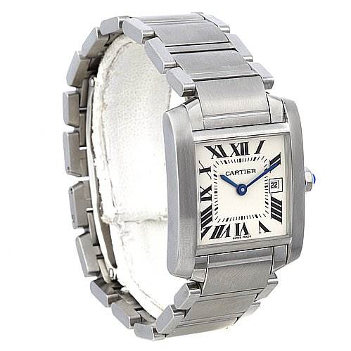 The Cartier Tank Francaise W51011Q3 Women's Stainless Steel Silver Dial W51011Q3 Women's Stainless Steel Silver Dial watch is shown at a three-quarter angle, displaying its face, bracelet, and side crown.