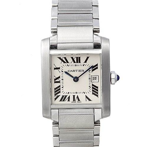 This image shows a front view of the Cartier Tank Française watch, highlighting the rectangular face, Roman numerals, date display, and metal bracelet.