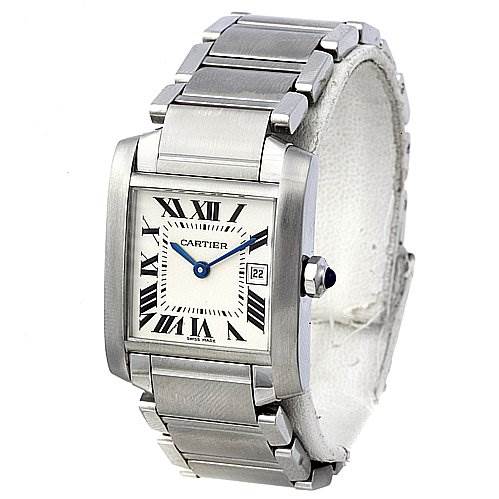The image shows a Cartier Tank Francaise W51011Q3 Women's Stainless Steel Silver Dial W51011Q3 Women's Stainless Steel Silver Dial watch with a full frontal view, displaying its face, bracelet, and crown.