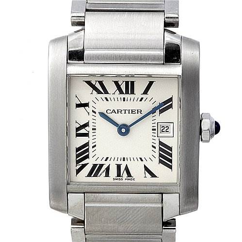 The image shows a front view of the Cartier Tank Française watch, displaying the dial, bezel, and part of the bracelet.