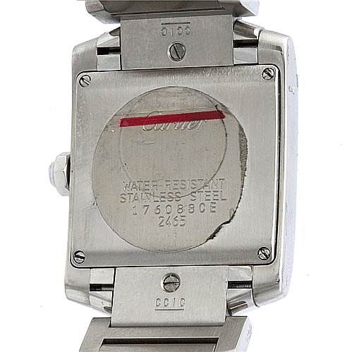 The image shows the back view of a Cartier Tank Française watch, highlighting the case back and bracelet attachment.