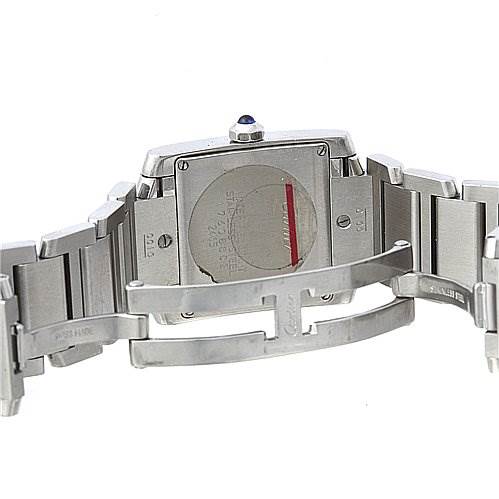 The image shows the back view and clasp mechanism of a Cartier Tank Francaise W51011Q3 Women's Stainless Steel Silver Dial W51011Q3 Women's Stainless Steel Silver Dial watch.