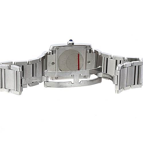 This image shows the back view of a Cartier Tank Francaise W51011Q3 Women's Stainless Steel Silver Dial W51011Q3 Women's Stainless Steel Silver Dial watch, including its case and open metal bracelet clasp.