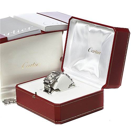 The Cartier Tank Francaise W51011Q3 Women's Stainless Steel Silver Dial W51011Q3 Women's Stainless Steel Silver Dial watch is displayed in its open red box, with the band and partial dial visible on its stand.