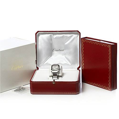 The Cartier Tank Francaise W51011Q3 Women's Stainless Steel Silver Dial W51011Q3 Women's Stainless Steel Silver Dial watch is shown inside an open red box, with its white, red outer boxes and an instruction booklet beside it.