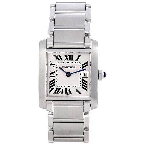 The image shows the Cartier Tank Française watch from a front angle, highlighting the dial, bracelet, and crown.