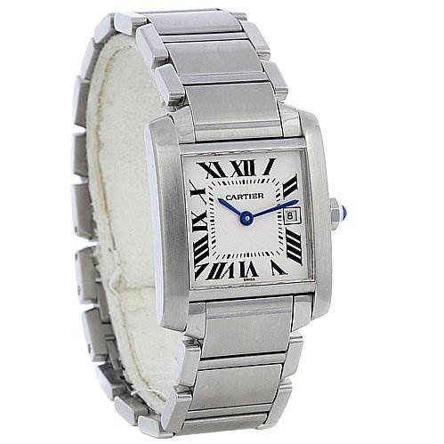 This image shows a side angle of a Cartier Tank Francaise W51011Q3 Women's Stainless Steel Silver Dial W51011Q3 Women's Stainless Steel Silver Dial watch, highlighting its stainless steel case, bracelet, and Roman numeral dial.