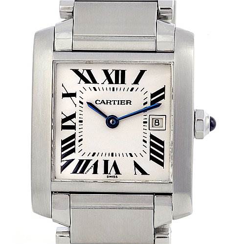 This image shows a frontal view of the Cartier Tank Française watch displaying its face, case, and part of the bracelet.