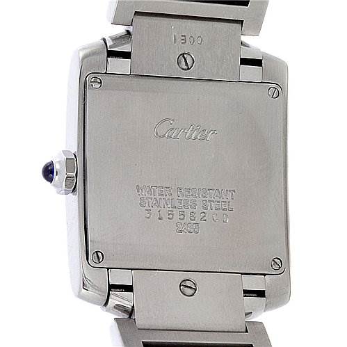 This image shows the case back of a Cartier Tank Française watch, including the water resistance and stainless steel markings.