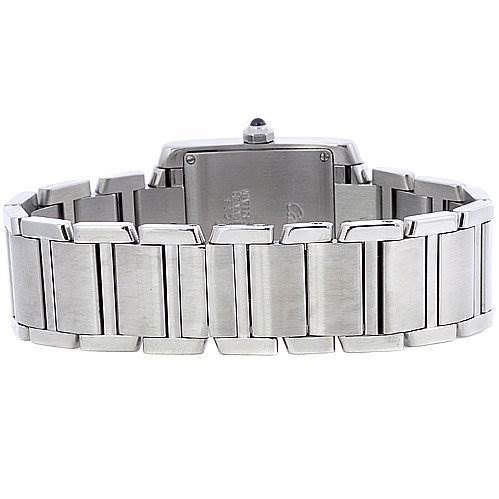 The image shows a rear view of the Cartier Tank Francaise W51011Q3 Women's Stainless Steel Silver Dial W51011Q3 Women's Stainless Steel Silver Dial watch, highlighting its stainless steel bracelet.