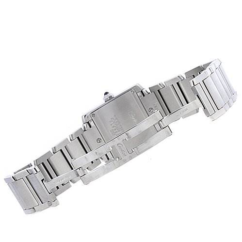 The image shows the back and bracelet of a Cartier Tank Française watch.