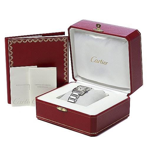 The image shows a Cartier Tank Francaise W51011Q3 Women's Stainless Steel Silver Dial W51011Q3 Women's Stainless Steel Silver Dial watch in a red display box with accompanying booklets.
