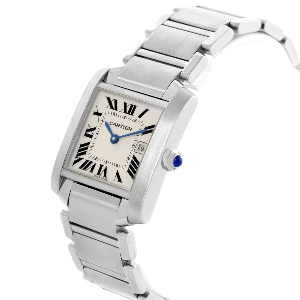 The image shows a Cartier Tank Française watch at a slight side angle, highlighting the face, bracelet, and crown.