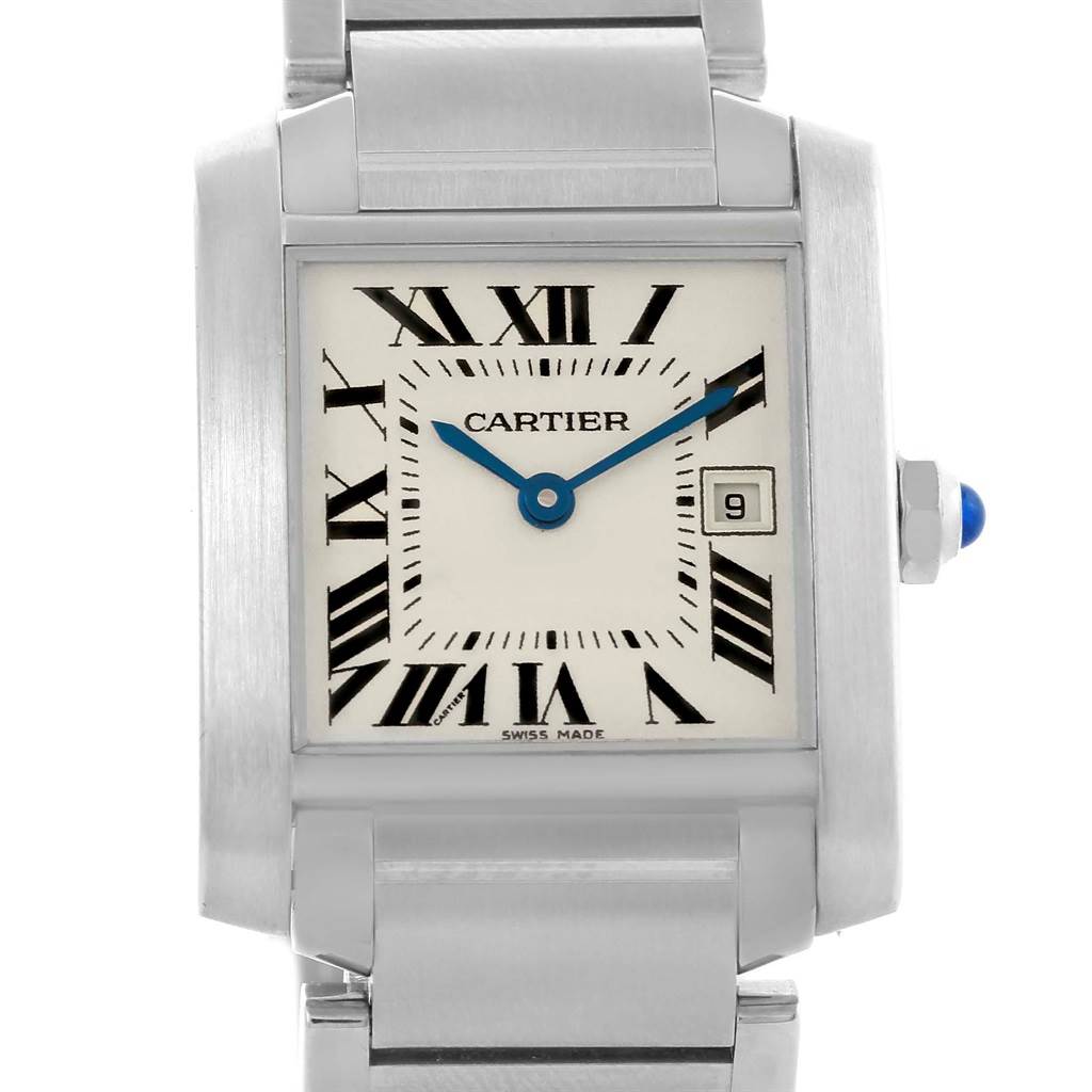 This Cartier Tank Française watch is shown from the front, highlighting the dial, hands, date window, and bracelet.