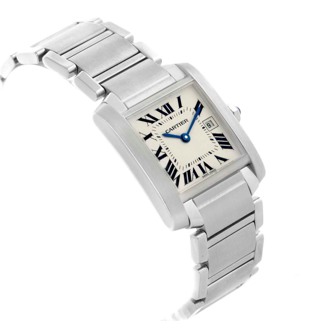 The image shows a Cartier Tank Francaise W51011Q3 Women's Stainless Steel Silver Dial W51011Q3 Women's Stainless Steel Silver Dial watch at a slight angle, displaying its face, bracelet, and crown.