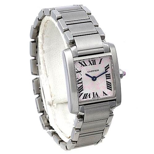 This image shows a Cartier Tank Francaise W51031Q3 Women
s Stainless Steel Silver Dial W51031Q3 Women
s Stainless Steel Silver Dial watch in a three-quarter view, highlighting its stainless steel bracelet, square case, and dial.