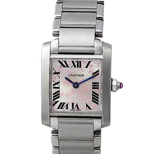 The Cartier Tank Francaise W51031Q3 Women
s Stainless Steel Silver Dial W51031Q3 Women
s Stainless Steel Silver Dial watch is shown from the front, displaying its square face, Roman numerals, and metal bracelet.