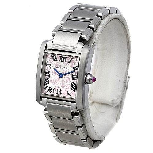 This Tank Francaise by Cartier is displayed at an angled view, showcasing its rectangular face, bracelet, and crown with a sapphire cabochon.