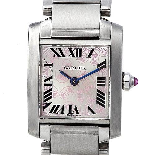 This image shows the front view of the Cartier Tank Francaise W51031Q3 Women
s Stainless Steel Silver Dial W51031Q3 Women
s Stainless Steel Silver Dial watch, highlighting the dial, hands, and band.