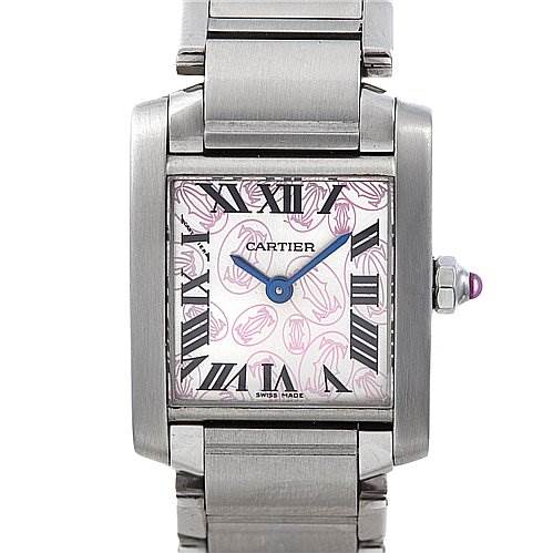 The image shows a front view of the Cartier Tank Francaise W51031Q3 Women
s Stainless Steel Silver Dial W51031Q3 Women
s Stainless Steel Silver Dial watch, highlighting its dial, case, bracelet, and crown.