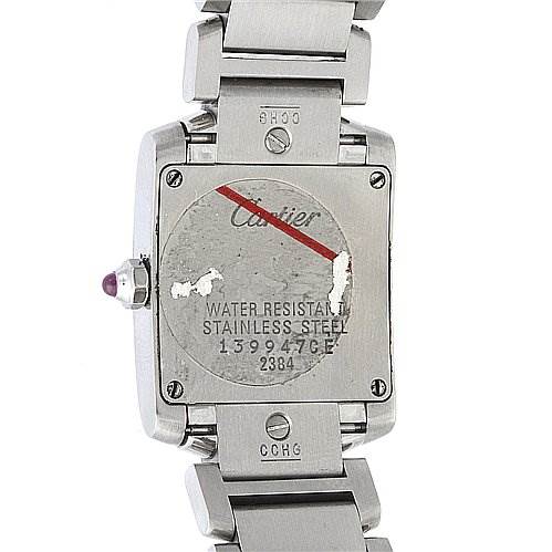 This image shows the back view of a Cartier Tank Francaise W51031Q3 Women
s Stainless Steel Silver Dial W51031Q3 Women
s Stainless Steel Silver Dial watch, highlighting its stainless steel case and bracelet.