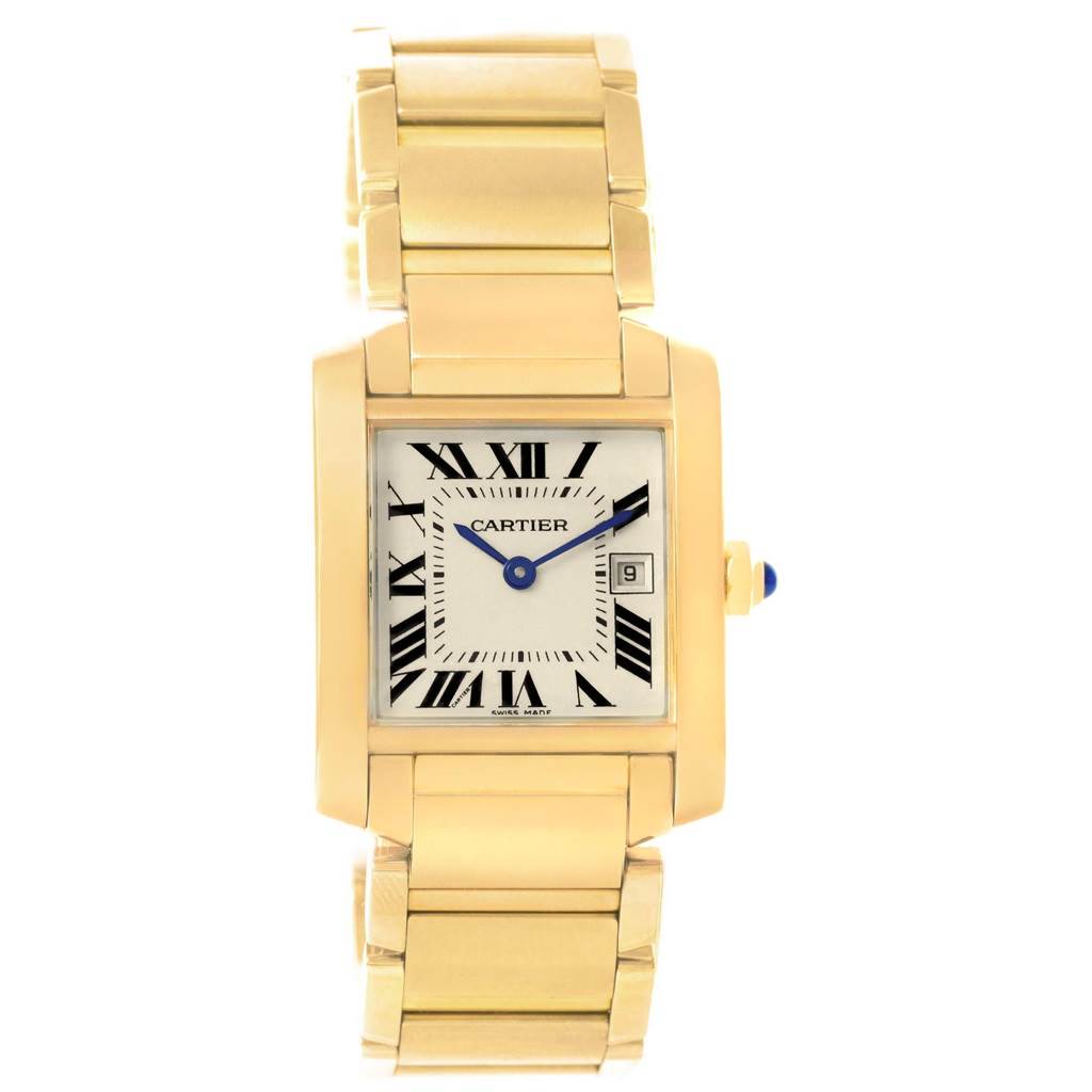 This image shows a frontal view of the Cartier Tank Francaise W50014N2 Women's Yellow Gold Silver Dial W50014N2 Women's Yellow Gold Silver Dial watch, displaying its gold bracelet, rectangular face, and Roman numeral dial.