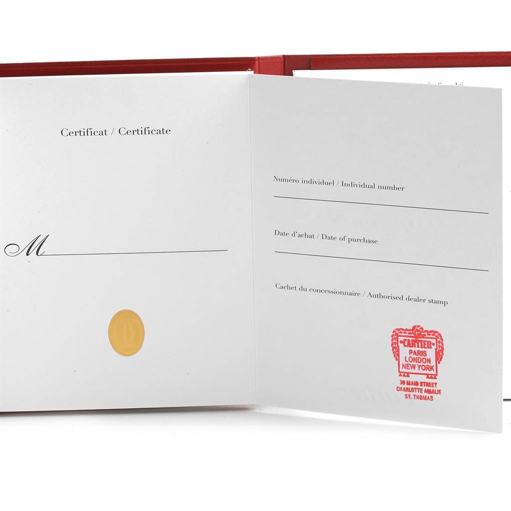 The image shows the certification booklet for a Cartier Tank Francaise W50014N2 Women's Yellow Gold Silver Dial W50014N2 Women's Yellow Gold Silver Dial watch, displaying individual number, purchase date, and dealer stamp sections.